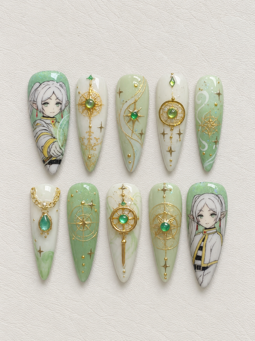 Frieren green gold fantasy press-on nails full set with anime character art and compass motifs