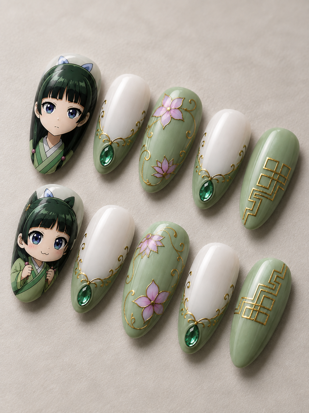 Maomao Green Gold Floral Press-On Nails