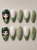 Maomao Green Gold Floral Press-On Nails