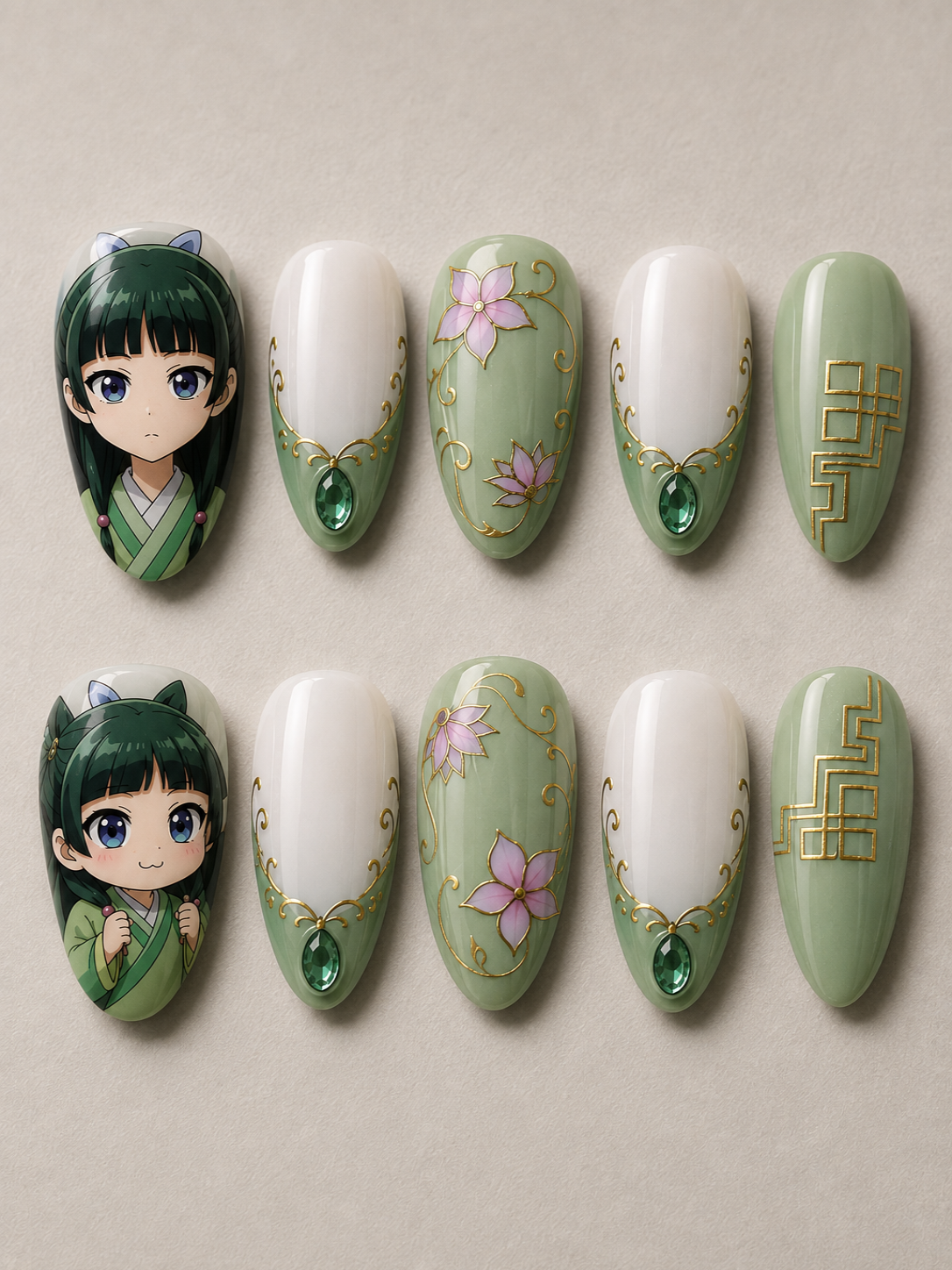 Maomao Green Gold Floral Press-On Nails